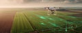 The drone capturing data over vibrant agricultural fields with digital overlays. AI generated image Royalty Free Stock Photo
