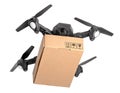 Drone with cardboard box makes delivery by air. Drone with camera carries postal parcel. Isolated on white background Royalty Free Stock Photo