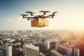 Drone carrying a cardboard box. Unmanned aircraft robot delivering a parcel. City in a background