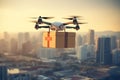 Drone carrying a cardboard box. Unmanned aircraft robot delivering a parcel. City in a background