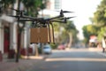 Drone carrying a cardboard box. Unmanned aircraft robot delivering a parcel. City in a background