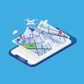 Drone carrying parcel and flying above paper city map and giant mobile phone. Delivery or shipping service with