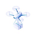 Drone carrying parcel isometric vector. Cargo innovation white quadrocopter flies with blue box