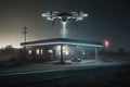 Drone charging at laser electric filling station. Quadcopter laser charging concept.