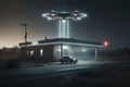 Drone charging at laser electric filling station. Quadcopter laser charging concept.