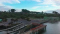 Drone circles around docks and marina in Bandon, Oregon, USA.