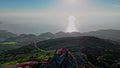 Drone circling Peninha Sanctuary on the top of the cliff at Sintra Cascais Natural Park, Portugal