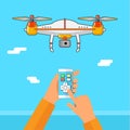 Drone control via phone. Quadcopter aerial with camera