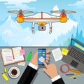 Drone control via phone. Quadcopter aerial with camera