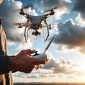 A drone controlled by a handheld device flies against a cloudy sky backdrop