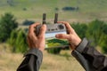 Drone controller displaying waypoint mission planning with precise GPS navigation and mapping interface, ideal for aerial Royalty Free Stock Photo