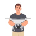Drone with controller in hands of man. Isolated personage with unmanned aerial vehicle. Small aircraft with camera