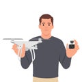 Drone with controller in hands of man. Isolated personage with unmanned aerial vehicle. Small aircraft with camera