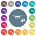 Drone controlling flat white icons on round color backgrounds