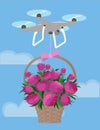 Drone deliver gift basket pink peonies bouquet Valentine Day love