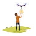 Drone delivering box flat vector illustration