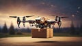 Drone delivering cardboard box package, generative ai
