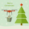 Drone delivering Christmas gifts under christmas tree