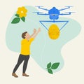 Drone Delivering Easter Egg to Man. Spring Holiday Delivery Technology Flat Vector Illustration. Royalty Free Stock Photo