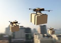 Drone delivering package into the city. Business air transportation. Unmanned aircraft robot concept. Fast air shipping Royalty Free Stock Photo
