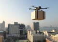 Drone delivering package into the city. Business air transportation. Unmanned aircraft robot concept. Fast air shipping Royalty Free Stock Photo