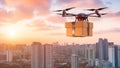 Drone delivering package over city skyline Royalty Free Stock Photo