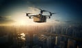 Drone delivering package.Package cardboard box drones fly above sky in the city,business concept and air transportation industry, Royalty Free Stock Photo