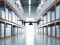 A drone delivering packages in a modern warehouse with stacked boxes and industrial shelving Royalty Free Stock Photo