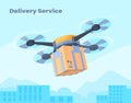 Drone delivers cargo. Wireless delivery air transport gift package parcel box, innovation logistic gps technology