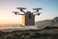 Drone delivers essential supplies in cardboard box to remote location