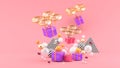 Drone delivers a gift box among colorful balls on a pink background