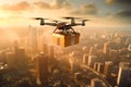 A drone delivers a package. A drone flies over the city. Fast delivery concept. Image generated by AI