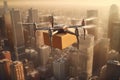 Drone delivers a package. A drone flies over the city. Image generated by AI