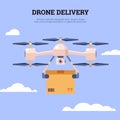 Drone delivery banner or poster with helicopter flat vector illustration.