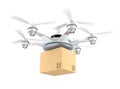 Drone delivery cardboard package on white background