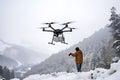 Drone delivery of cargo through a winter forest in snowfall Royalty Free Stock Photo