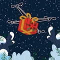 Drone delivery of Christmas gifts. Sky transportation, shipping airmail express. Vector