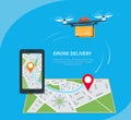 Drone delivery concept. Cartoon quadcopter flying over a map with location pin, carrying a package to customer. Mobile app