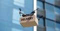Drone delivery delivering big brown post package into urban city