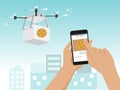 Drone Delivery Food. People Use Smartphone Application for Order Foods. Avoid Going Outside in Coronavirus Covid-19 Pandemic