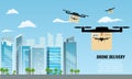 Drone delivery with the package box against city view background. Vector illustration.