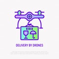 Drone delivery of parcel thin line icon. Modern vector illustration of logistic innovation