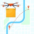 Drone delivery service, quadcopter gadget map location. Delivery unmanned drone carrying package box vector illustration