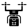 Drone delivery solid icon. Copter with cargo illustration isolated on white. Quadcopter with package glyph style design Royalty Free Stock Photo