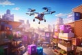 Drone with digital camera flying over the city at sunset. 3D rendering, Experience intelligent package delivery using AI-powered