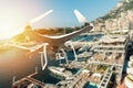 Drone with digital camera flying over an harbour Royalty Free Stock Photo