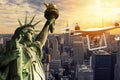 Drone with digital camera flying over statue of liberty Royalty Free Stock Photo