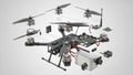Drone parts exploded view quadcopter components. Royalty Free Stock Photo