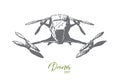 Drone, equipment, air, fly, technology concept. Hand drawn isolated vector.