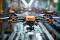 Drone equipped with camera navigates manufacturing facility showcasing advanced technology in a high-efficiency Royalty Free Stock Photo